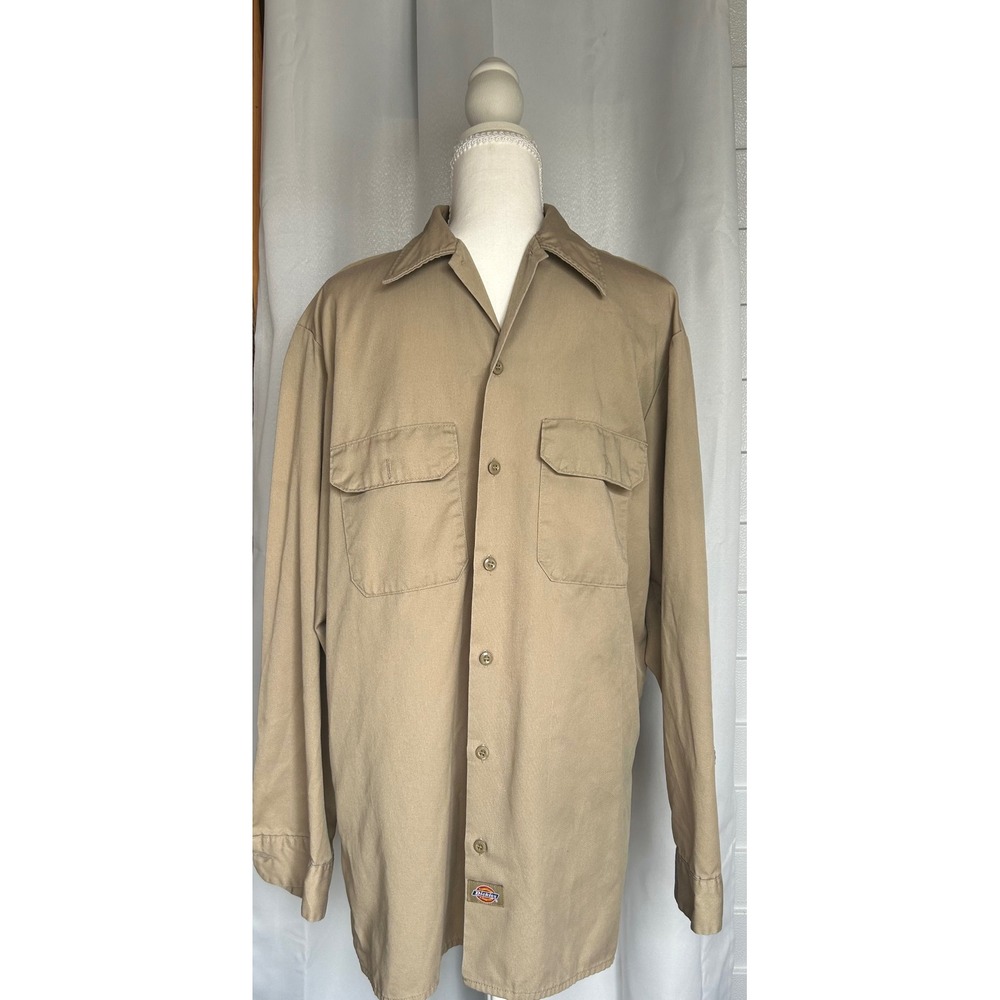 Dickies Mens Khaki Tan Long Sleeve Work Shirt Made in USA Size 16-16.5 L 34/35